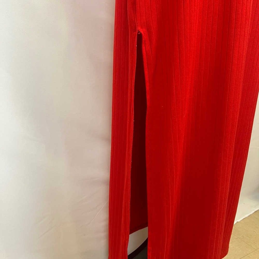Maxi Dress Red Ribbed Spaghetti Strap Side‎ Slit Size L - Picture 10 of 13